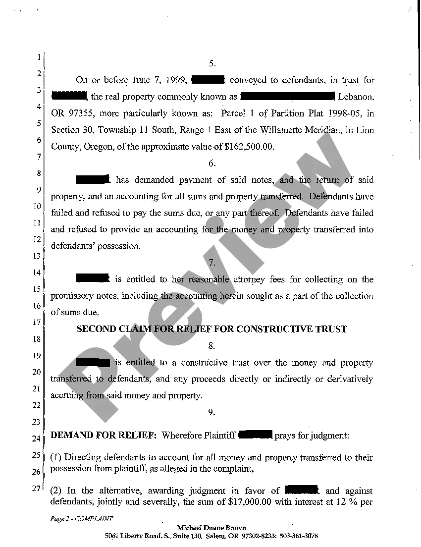 Preview A01 Complaint for Accounting and Constructive Trust