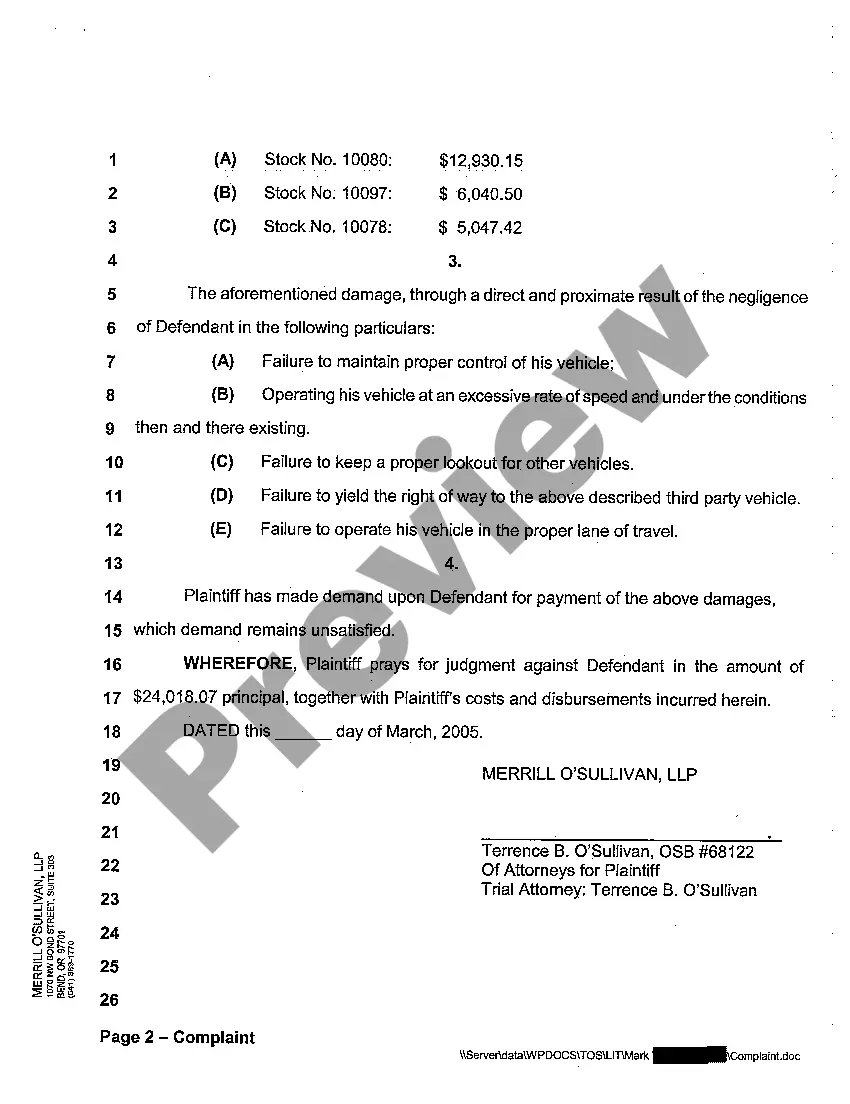 Preview Complaint - Action for Negligence in the Operation of Motor Vehicle Resulting in Property Damage