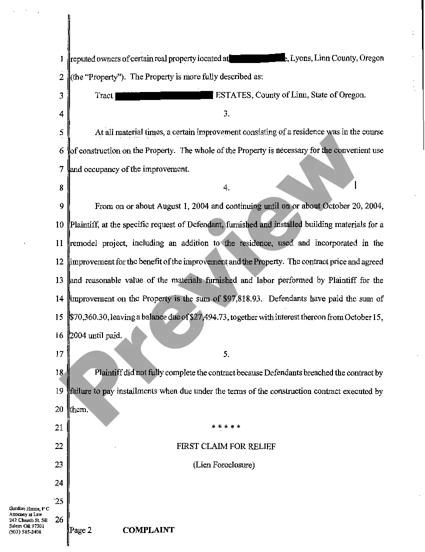 Preview Complaint - Lien Foreclosure, Quantum Meruit, Breach of Contract