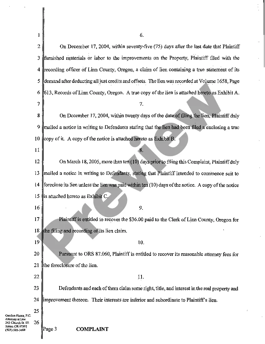 Preview Complaint - Lien Foreclosure, Quantum Meruit, Breach of Contract