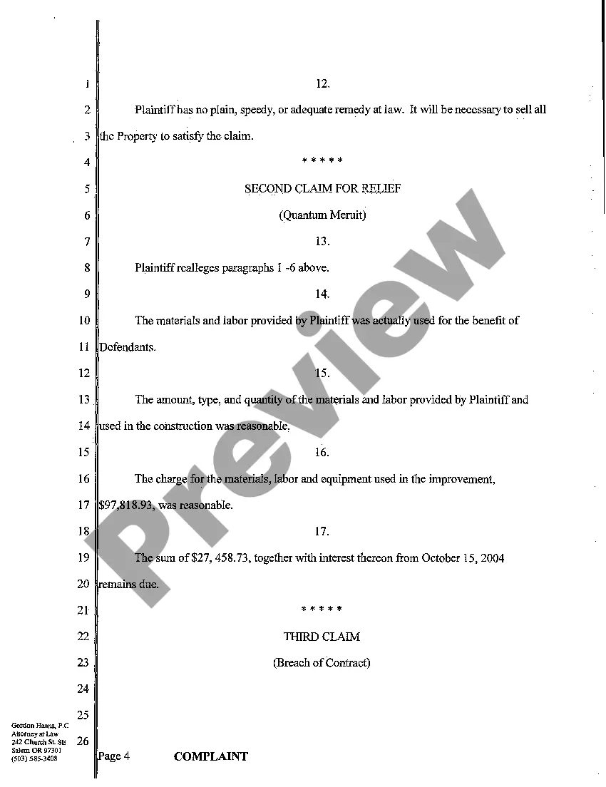 Preview Complaint - Lien Foreclosure, Quantum Meruit, Breach of Contract