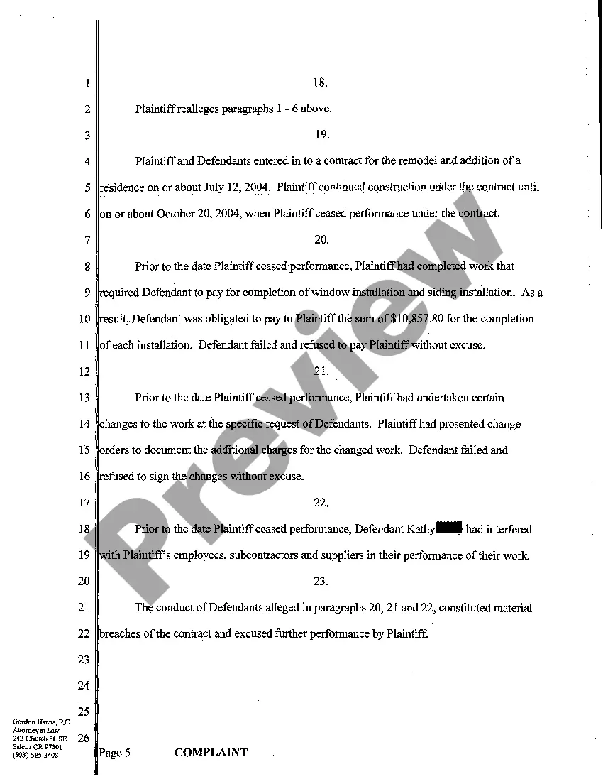 Preview Complaint - Lien Foreclosure, Quantum Meruit, Breach of Contract