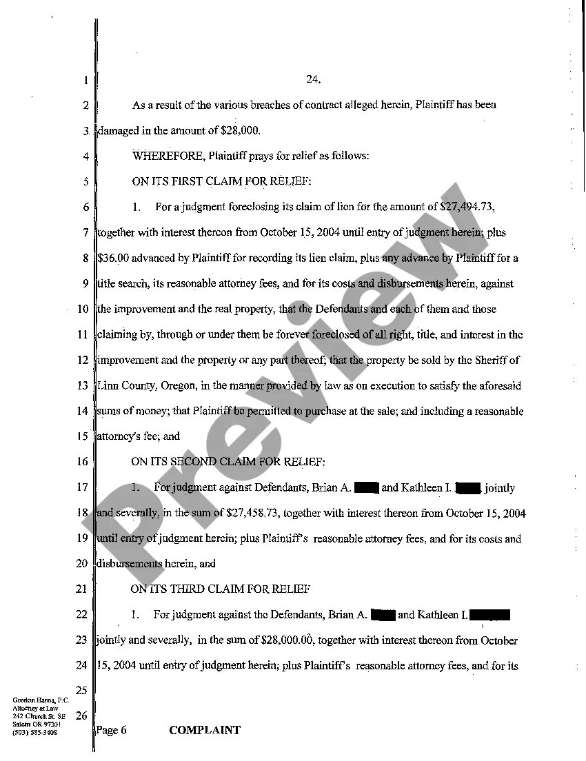 Preview Complaint - Lien Foreclosure, Quantum Meruit, Breach of Contract