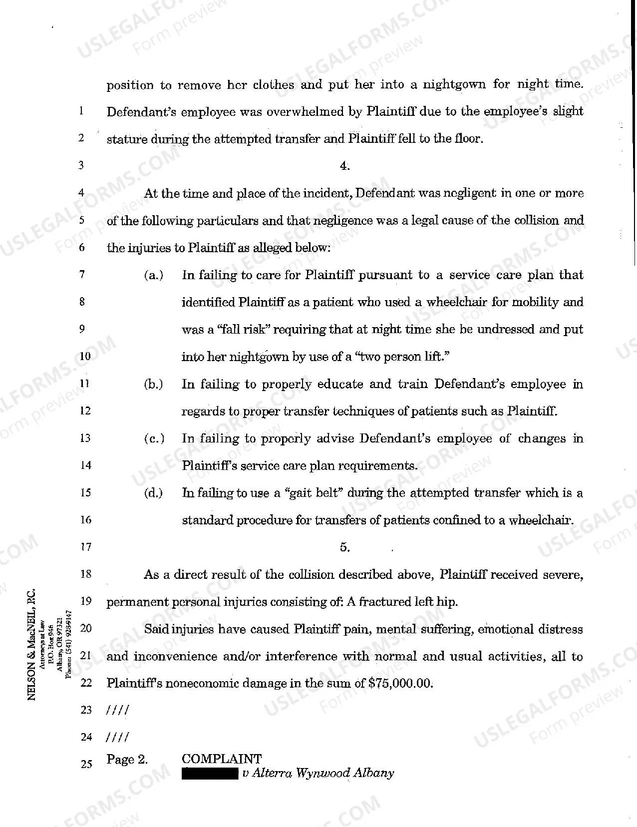 Preview A01 Complaint - Personal Injury Due to Negligence of Assistance Living Facility