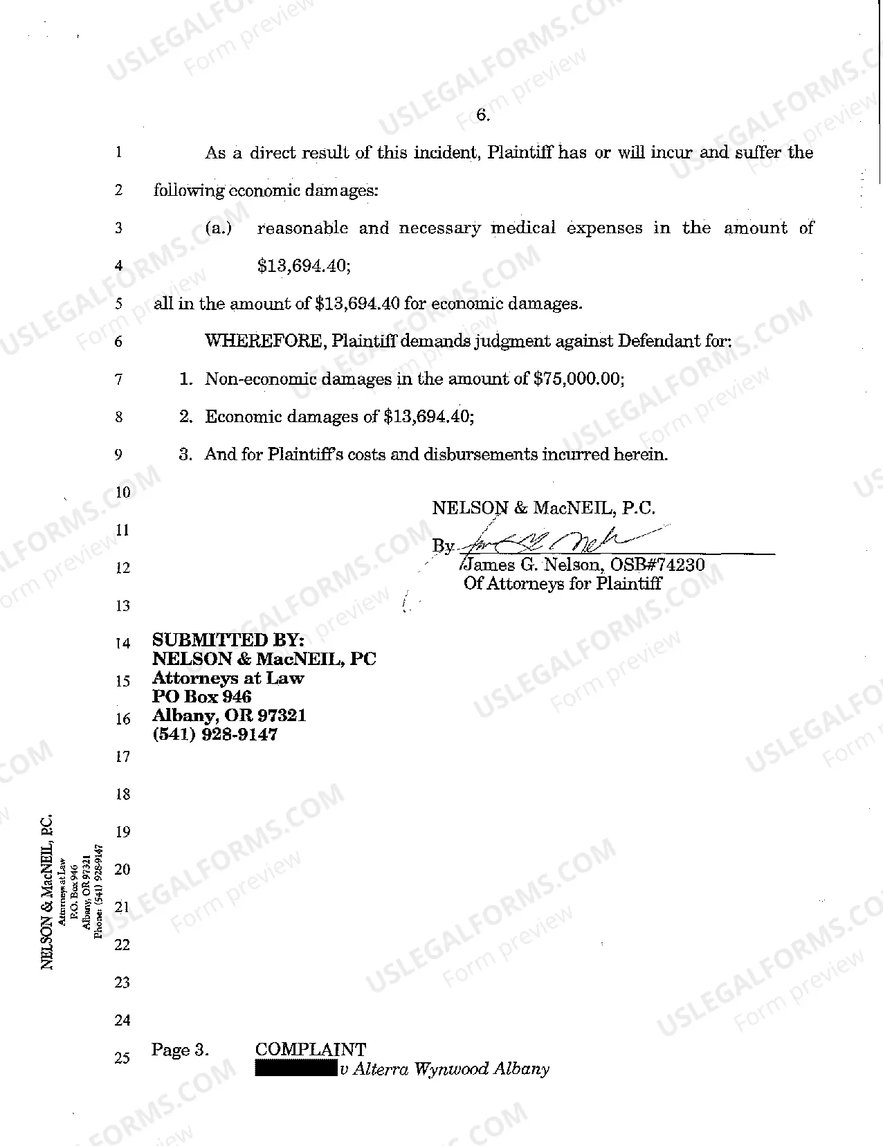 Preview A01 Complaint - Personal Injury Due to Negligence of Assistance Living Facility