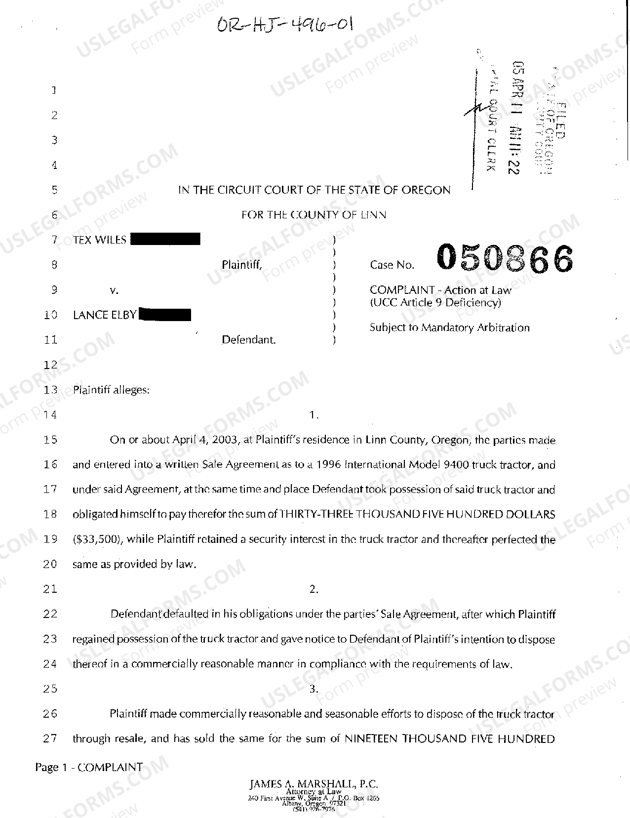 Oregon Complaint Breach of Contract for the Sale of a Tractor US