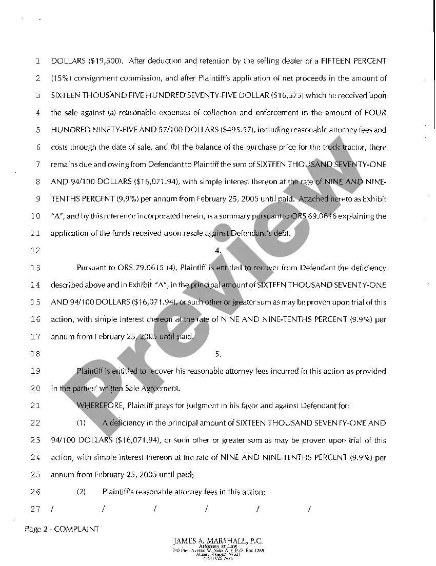 Preview A01 Complaint - Breach of Contract for the Sale of a Tractor