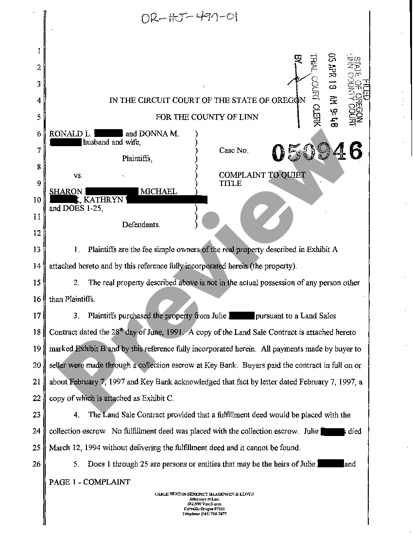 Oregon Complaint to Quiet Title to Real Property US Legal Forms