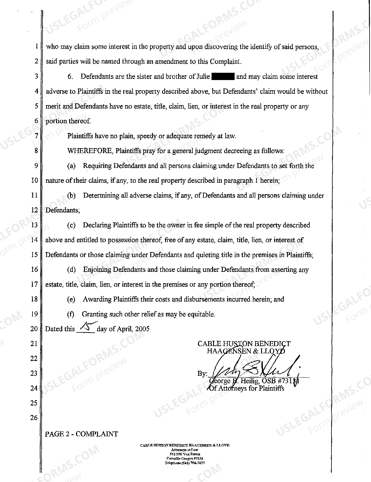 Oregon Complaint to Quiet Title to Real Property US Legal Forms