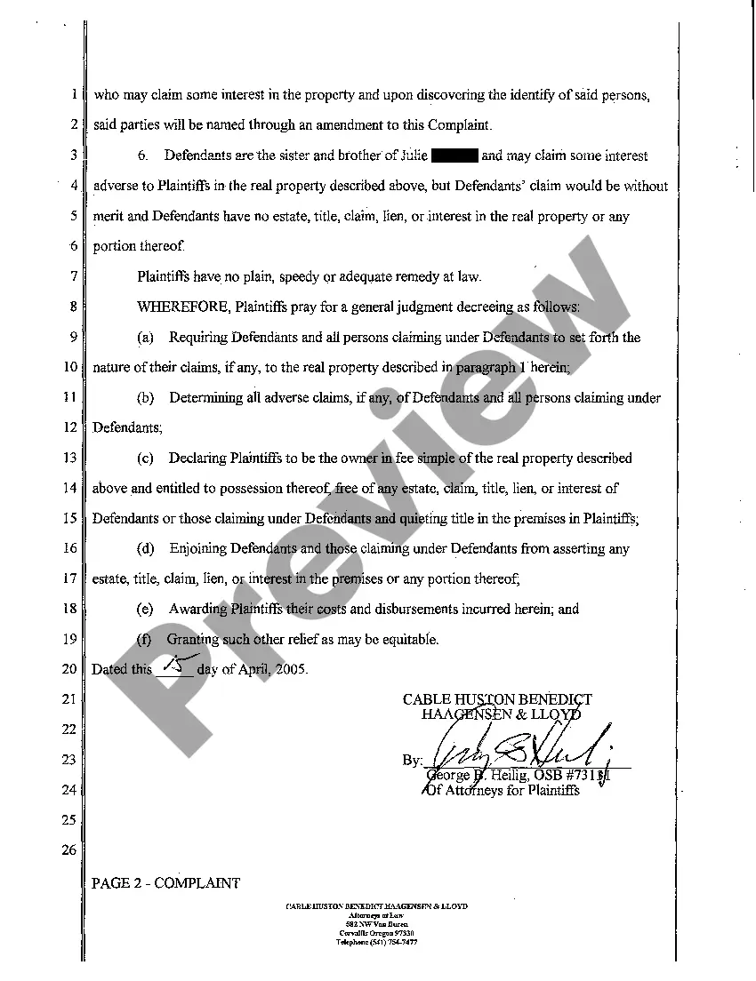 Preview A01 Complaint to Quiet Title to Real Property