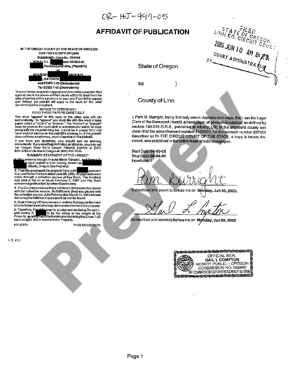 Oregon Affidavit of Publication | US Legal Forms