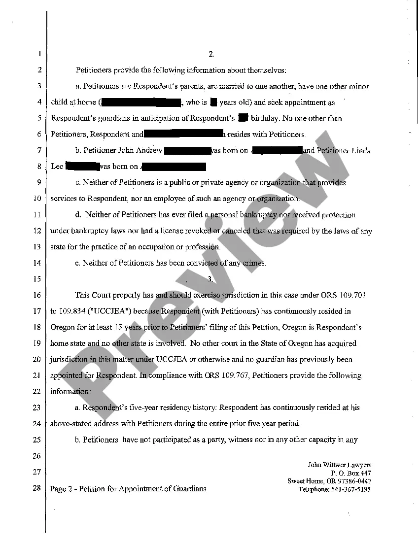 Preview A01 Petition for Guardianship for an Incapacitated Minor Child Who Is Soon to Turn 18 Years Old