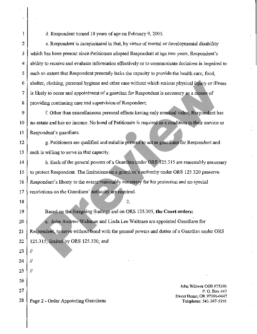 Get A05 Order to Appoint Guardians for a Minor Child Who Is Soon to Turn 18 years old and Who is Incapacitated Preview A05 Order to Appoint Guardians for a Minor Child Who Is Soon to Turn 18 years old and Who is Incapacitated