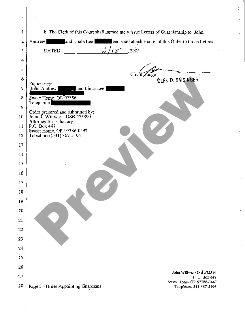 Get A05 Order to Appoint Guardians for a Minor Child Who Is Soon to Turn 18 years old and Who is Incapacitated Preview A05 Order to Appoint Guardians for a Minor Child Who Is Soon to Turn 18 years old and Who is Incapacitated