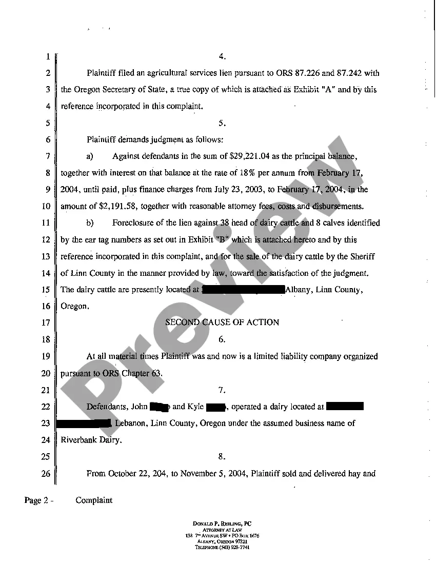 Get A01 Complaint - Judgment and Foreclosure of Agricultural Services Lien Preview A01 Complaint - Judgment and Foreclosure of Agricultural Services Lien