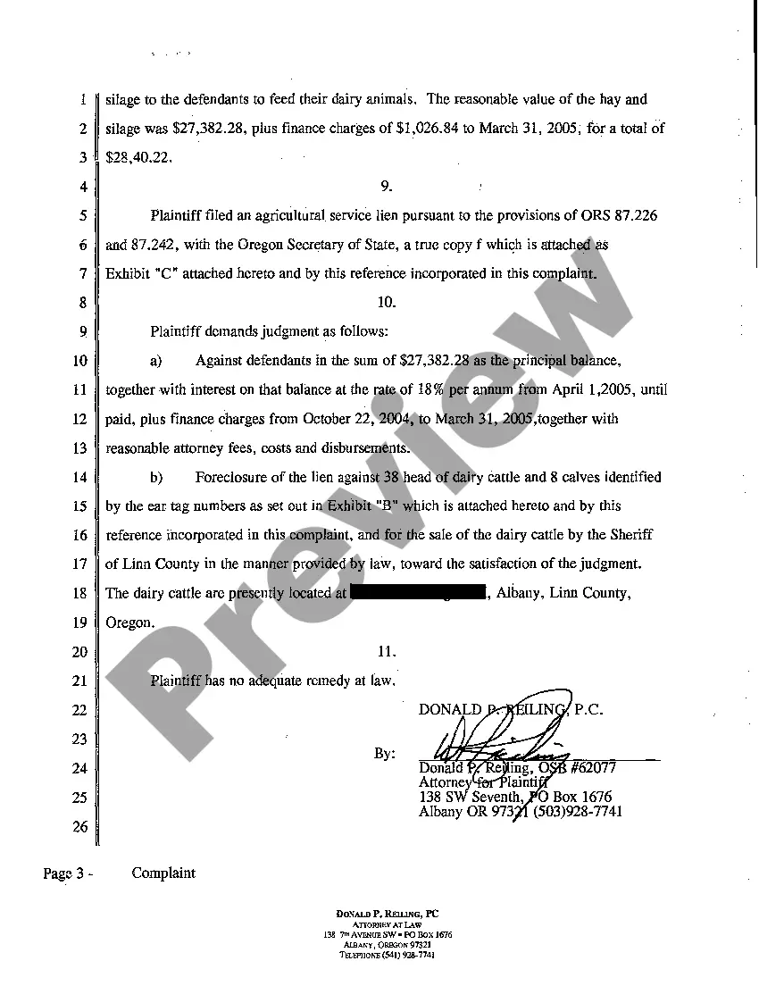 Get A01 Complaint - Judgment and Foreclosure of Agricultural Services Lien Preview A01 Complaint - Judgment and Foreclosure of Agricultural Services Lien