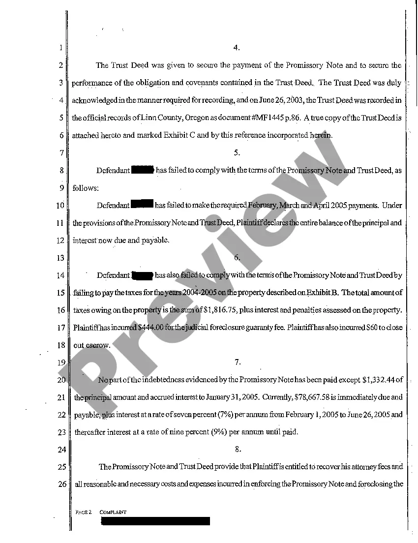 Get Complaint - Judicial Foreclosure of Trust Deed Preview Complaint - Judicial Foreclosure of Trust Deed