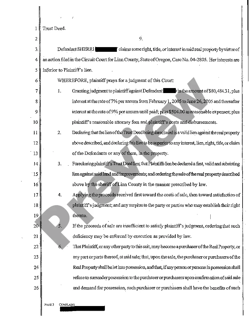 Get Complaint - Judicial Foreclosure of Trust Deed Preview Complaint - Judicial Foreclosure of Trust Deed
