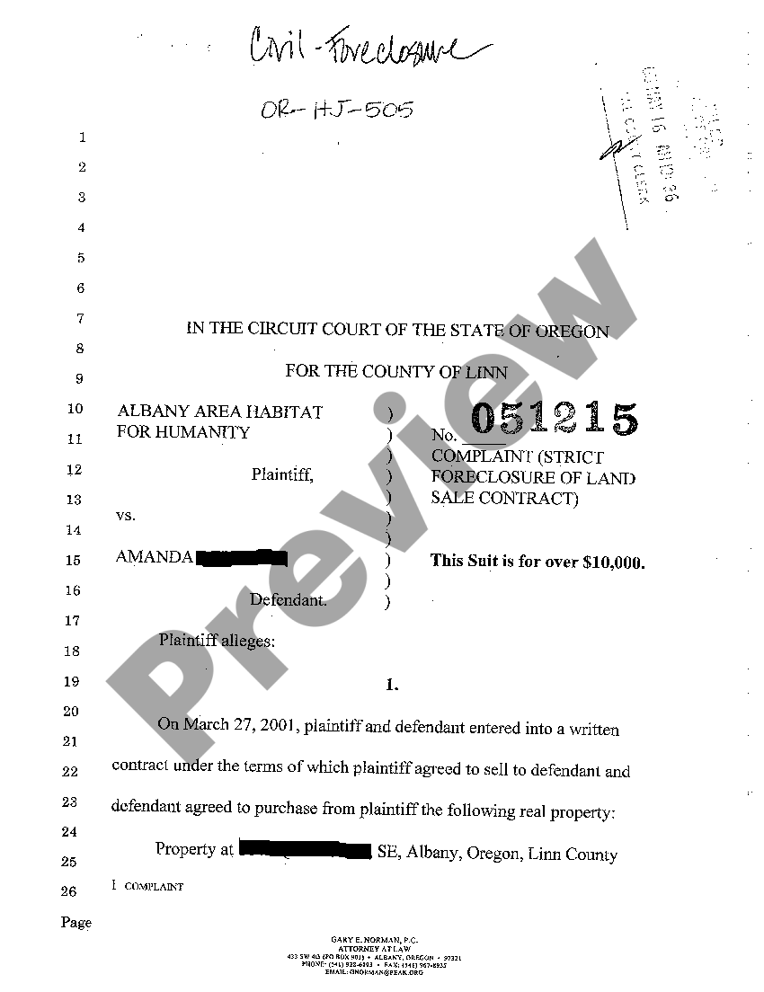 Complaint For Strict Foreclosure In Oregon With Acreage US Legal Forms
