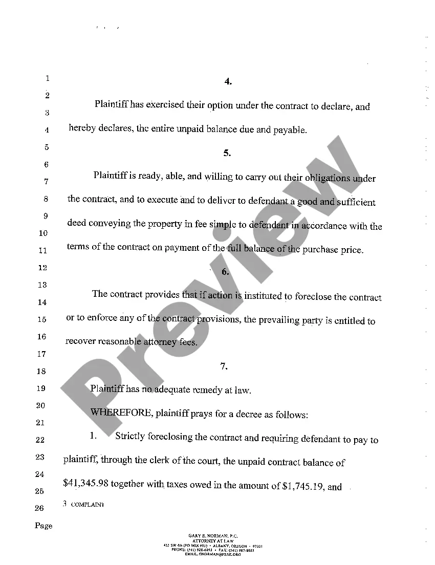 Preview Complaint regarding Strict Foreclosure of Land Sale Contract