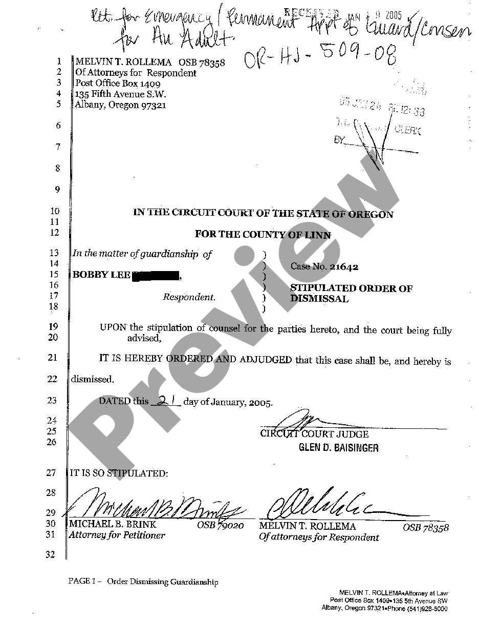 Oregon Stipulation Order Of Dismissal Us Legal Forms 3398