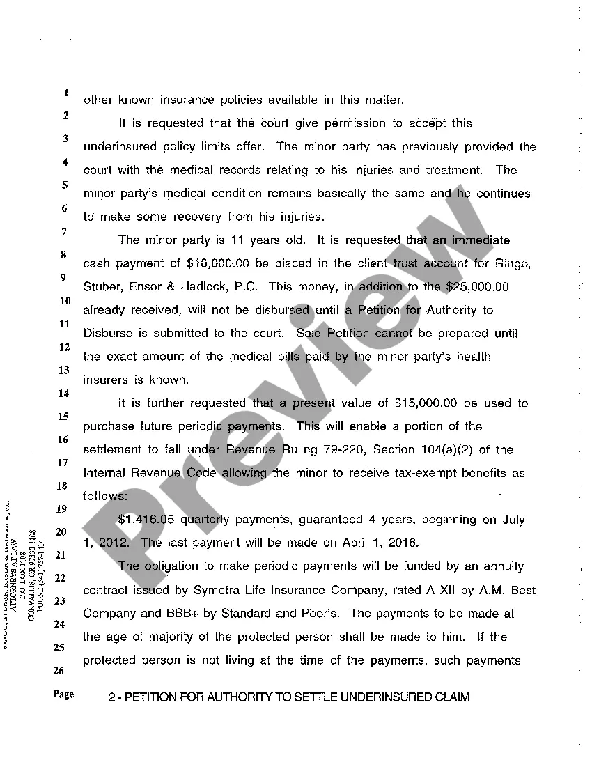 Preview A05 Petition for Authority to Settle Underinsured Personal Injury Claim