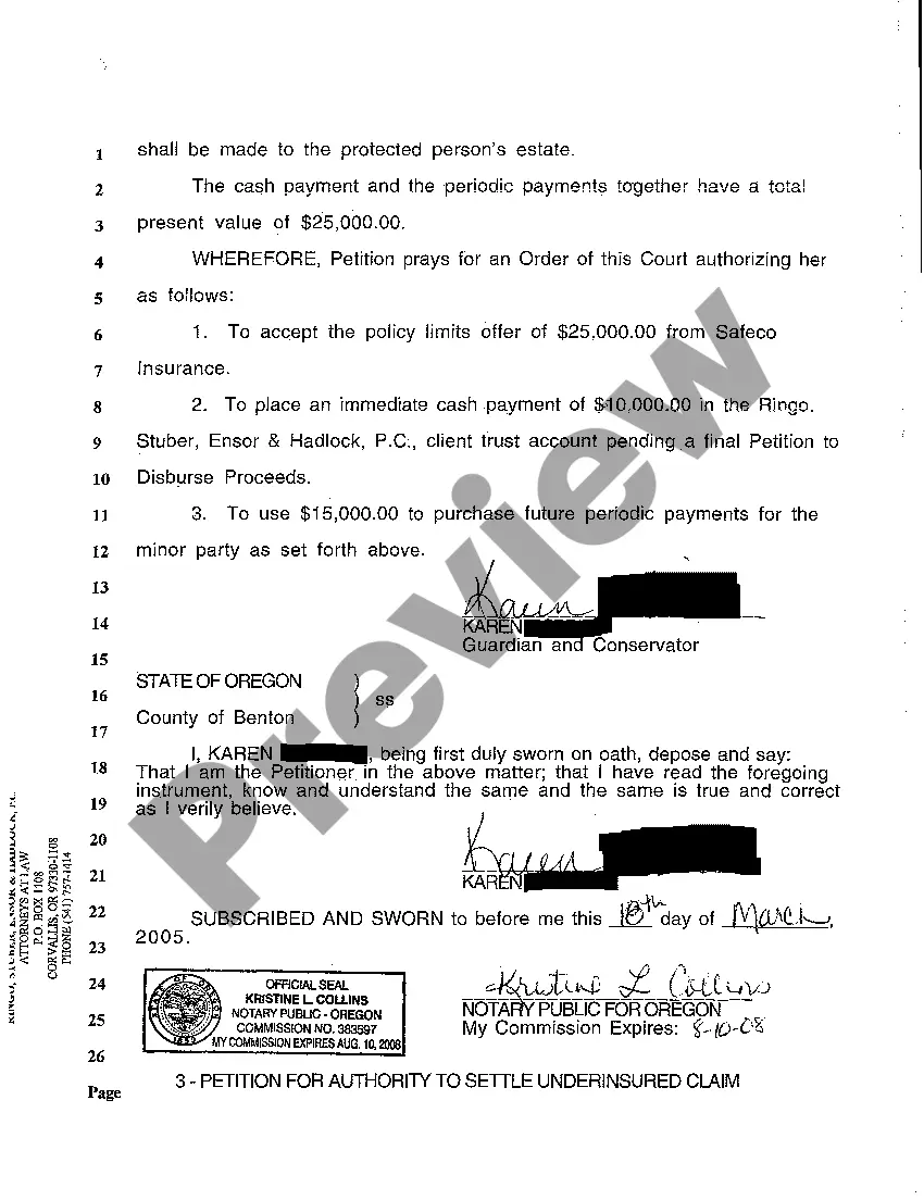Preview A05 Petition for Authority to Settle Underinsured Personal Injury Claim