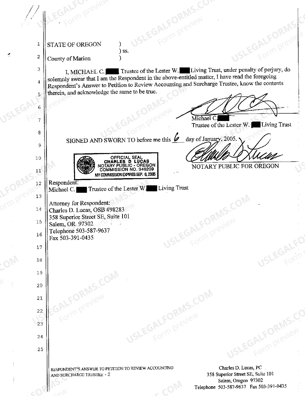 Preview A05 Respondent's Answer to Petition to Review Accounting and Surcharge Trustee