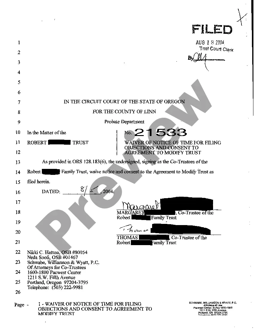 Preview A04 Waiver of Notice of Time for filing Objections and Consent to Agreement to Modify Trust by Beneficiary
