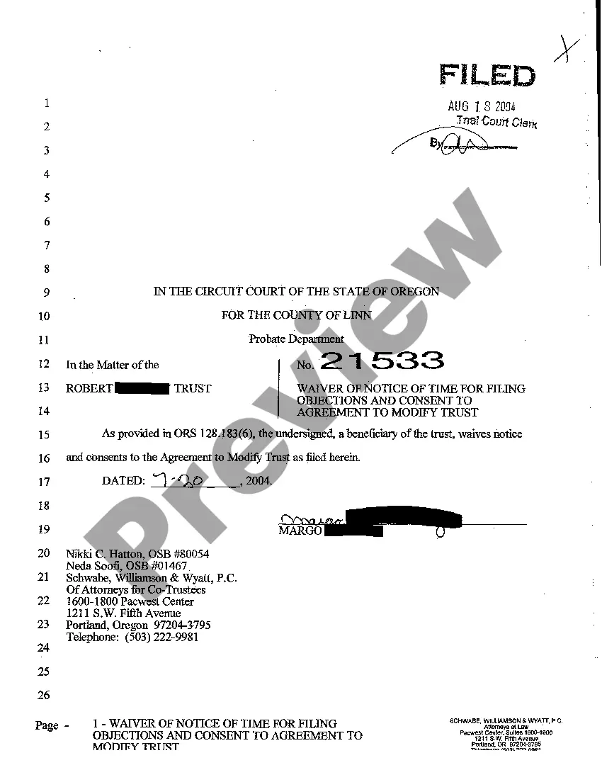 Preview A04 Waiver of Notice of Time for filing Objections and Consent to Agreement to Modify Trust by Beneficiary