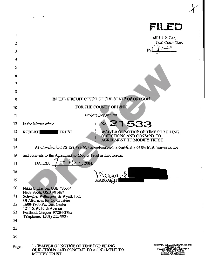 Preview A04 Waiver of Notice of Time for filing Objections and Consent to Agreement to Modify Trust by Beneficiary