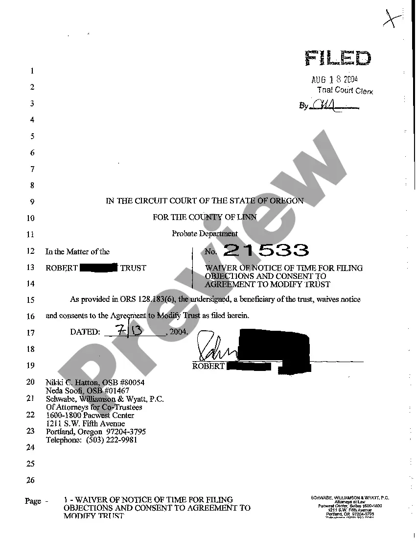 Preview A04 Waiver of Notice of Time for filing Objections and Consent to Agreement to Modify Trust by Beneficiary