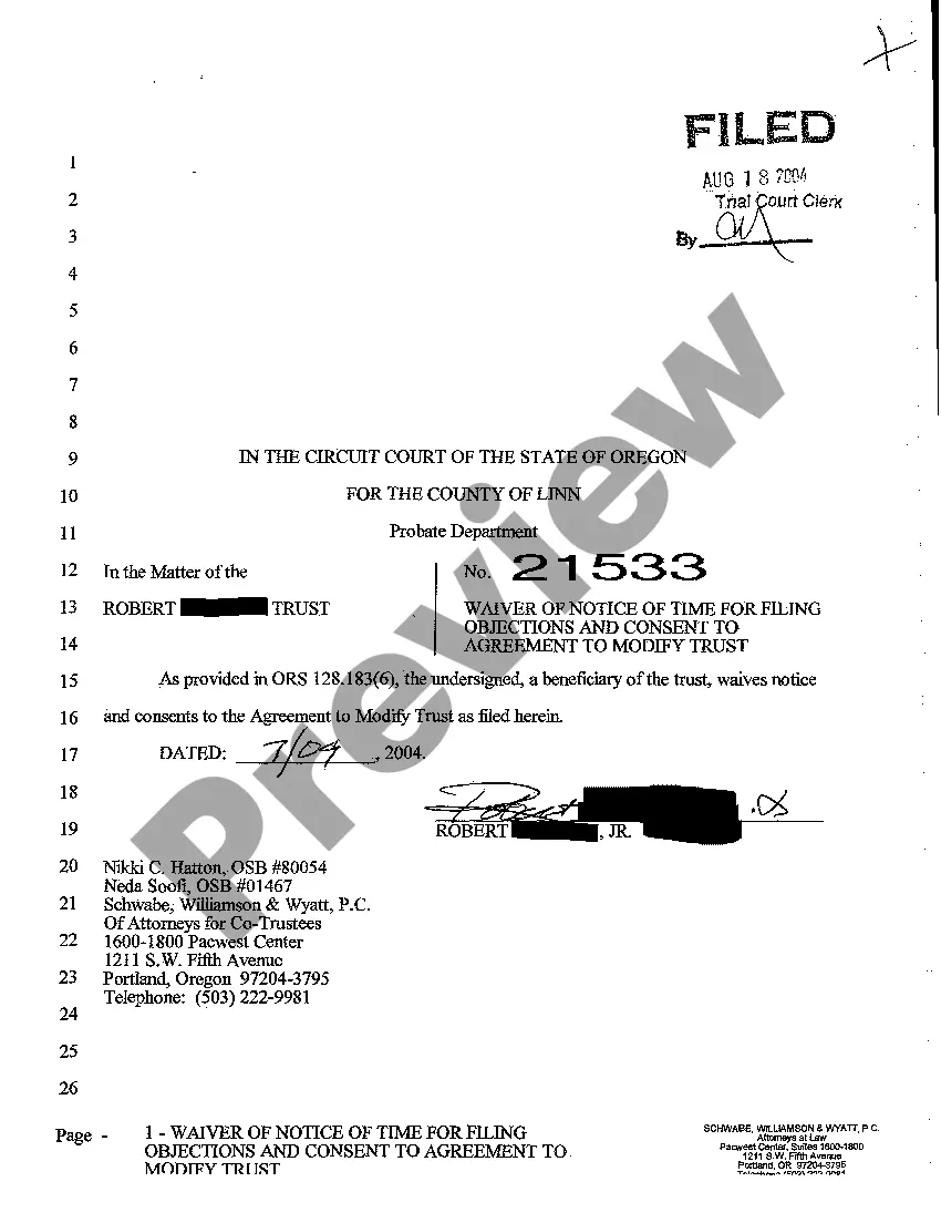 Preview A04 Waiver of Notice of Time for filing Objections and Consent to Agreement to Modify Trust by Beneficiary