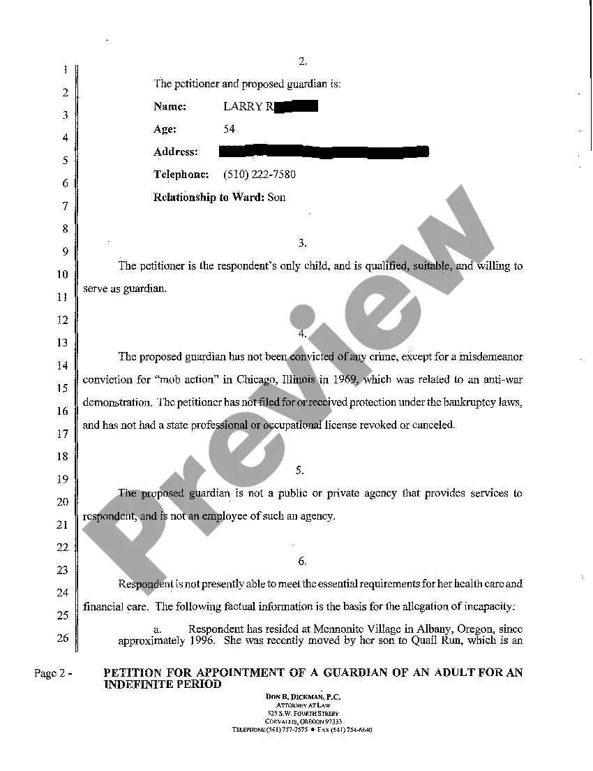 Preview A01 Petition for Appointment of a Guardian of an Adult for an Indefinite Period