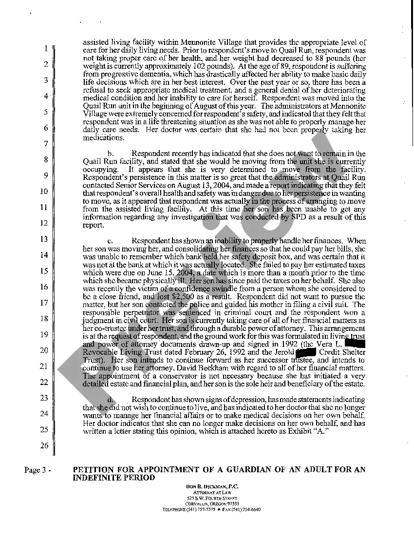 Preview A01 Petition for Appointment of a Guardian of an Adult for an Indefinite Period