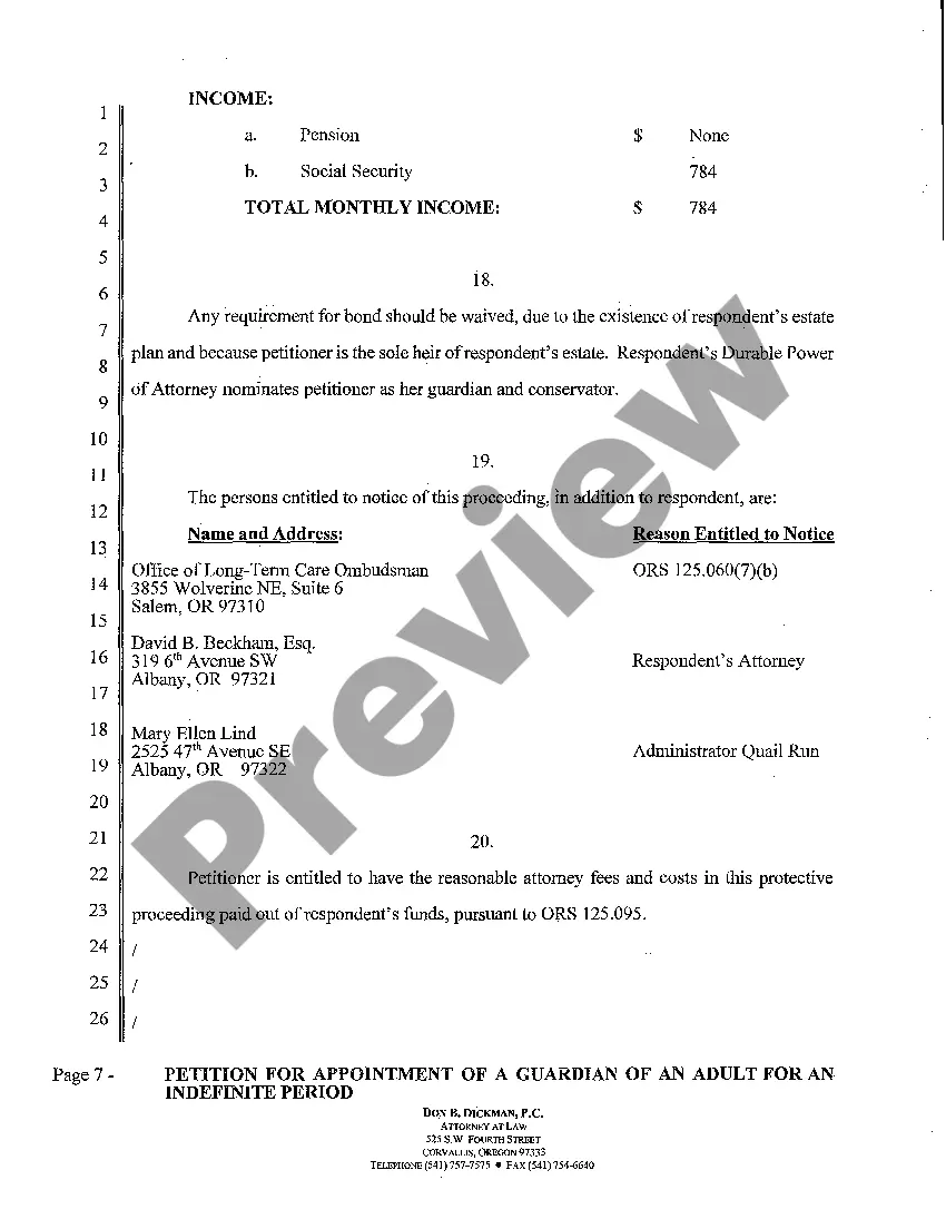 Preview A01 Petition for Appointment of a Guardian of an Adult for an Indefinite Period