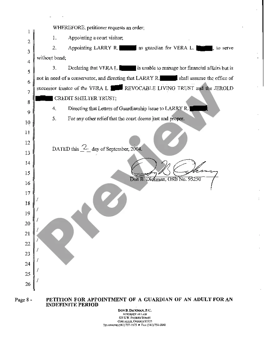 Preview A01 Petition for Appointment of a Guardian of an Adult for an Indefinite Period