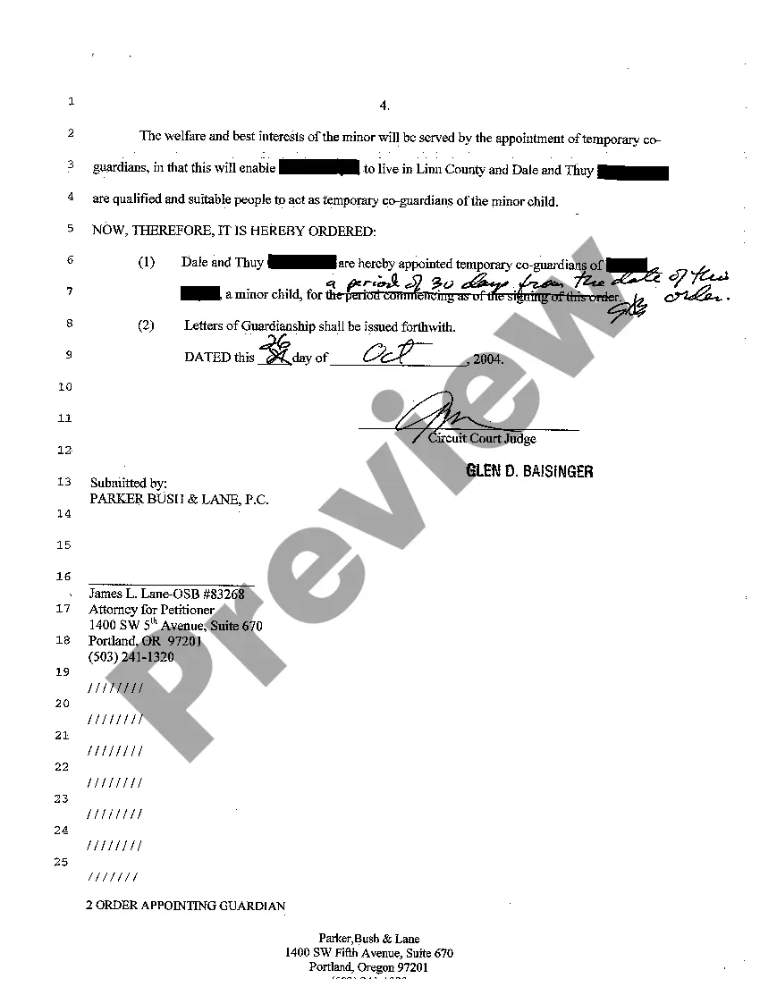 Preview A04 Order for Appointment of Temporary Co-Guardians of Minor