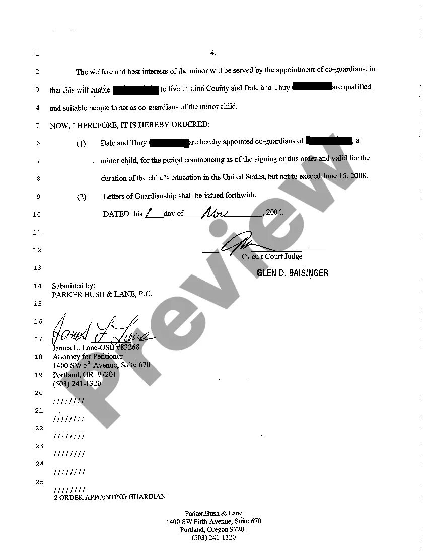 Get A05 Order for Appointment of Co-Guardians of Minor Preview A05 Order for Appointment of Co-Guardians of Minor