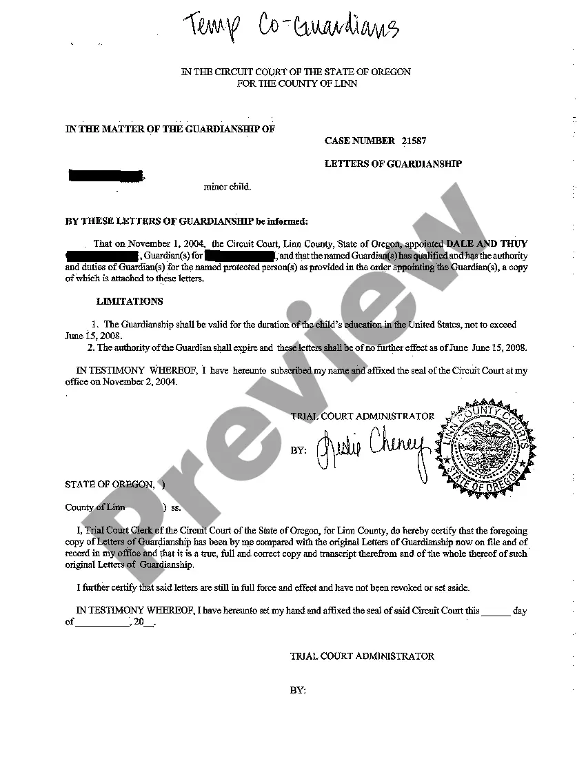 Get A05 Order for Appointment of Co-Guardians of Minor Preview A05 Order for Appointment of Co-Guardians of Minor