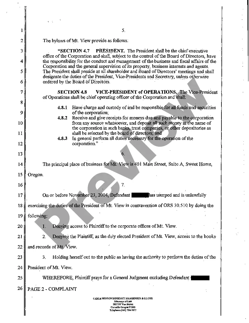 Preview A01 Complaint in Nature of Quo Warrants - Usurpation of Corporate Office