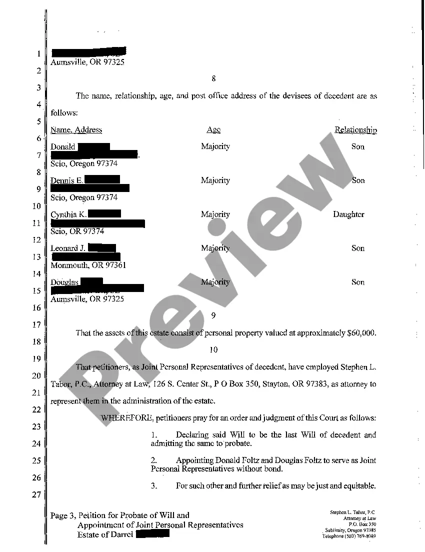 Get A01 Petition for Probate of Will and Appointment of Joint Personal Representatives Preview A01 Petition for Probate of Will and Appointment of Joint Personal Representatives