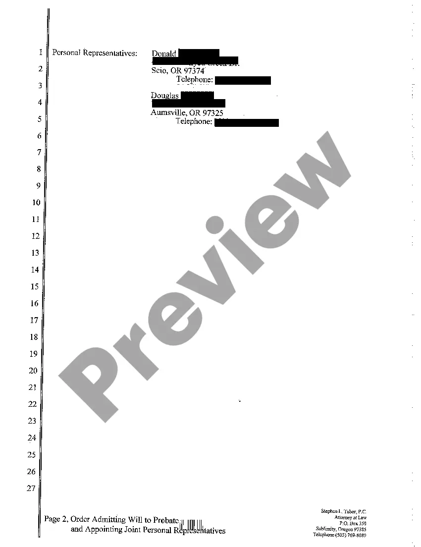 Preview A02 Order Admitting Will to Probate and Appointing Joint Personal Representatives