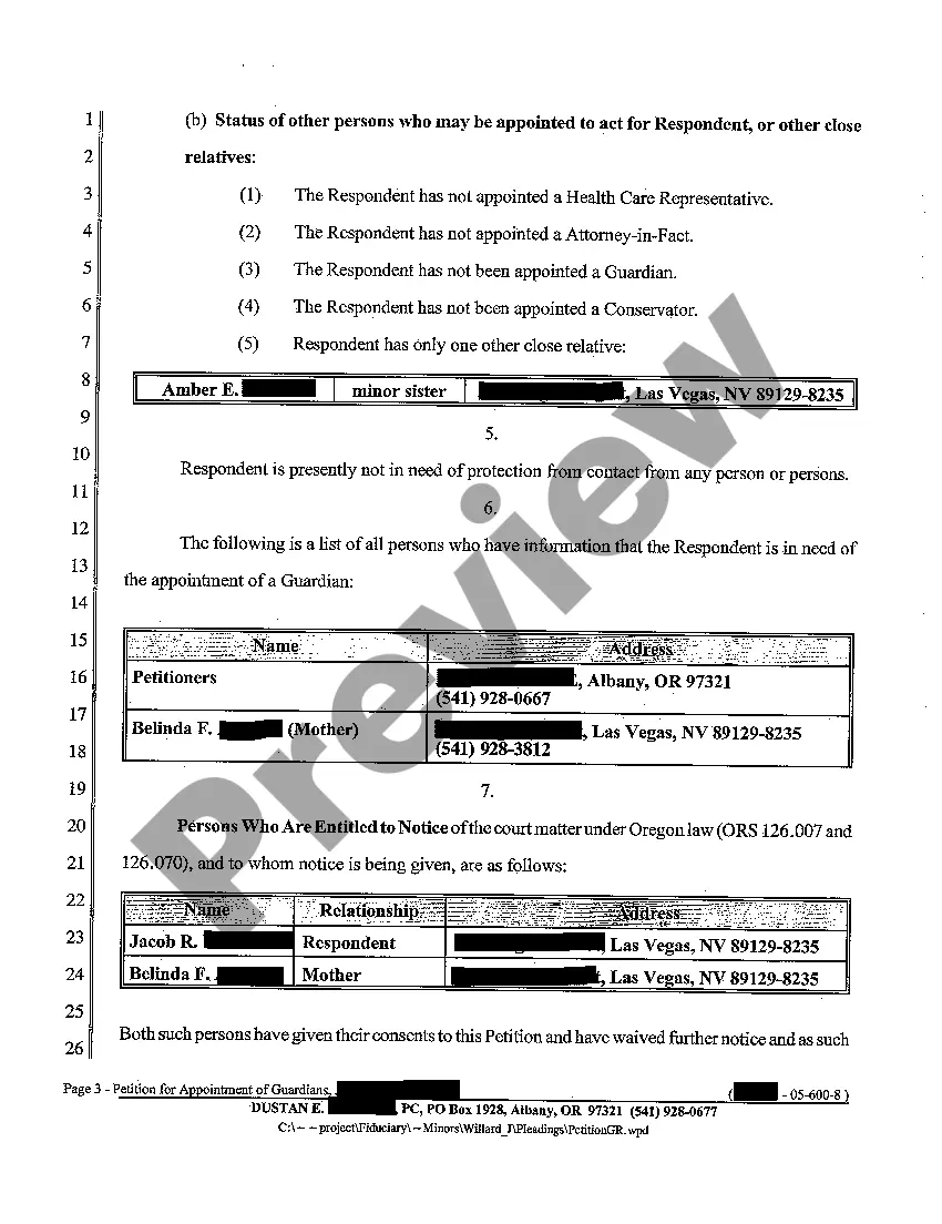 Preview A01 Petition for Appointment of Guardians of a Minor for an Indefinite Period