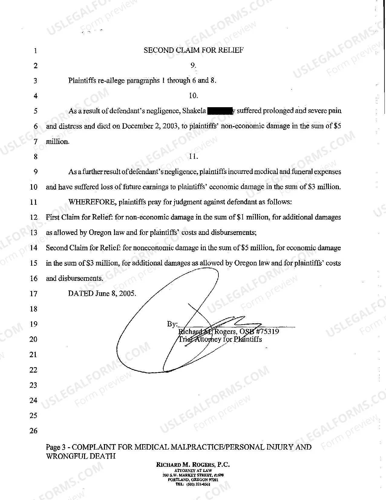 Preview Complaint for Medical Malpractice Personal Injury and Wrongful Death