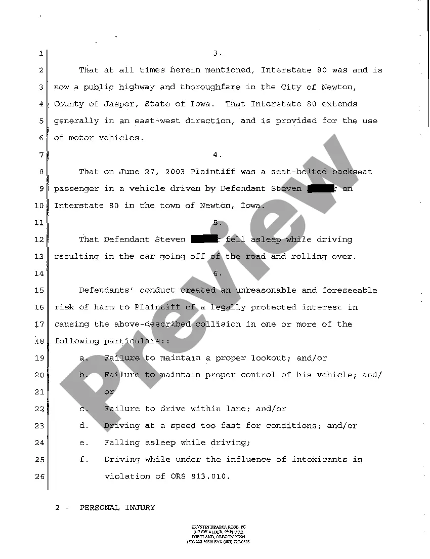 Preview Complaint for Damages for Personal Injury Due to Negligent Operation of a Motor Vehicle