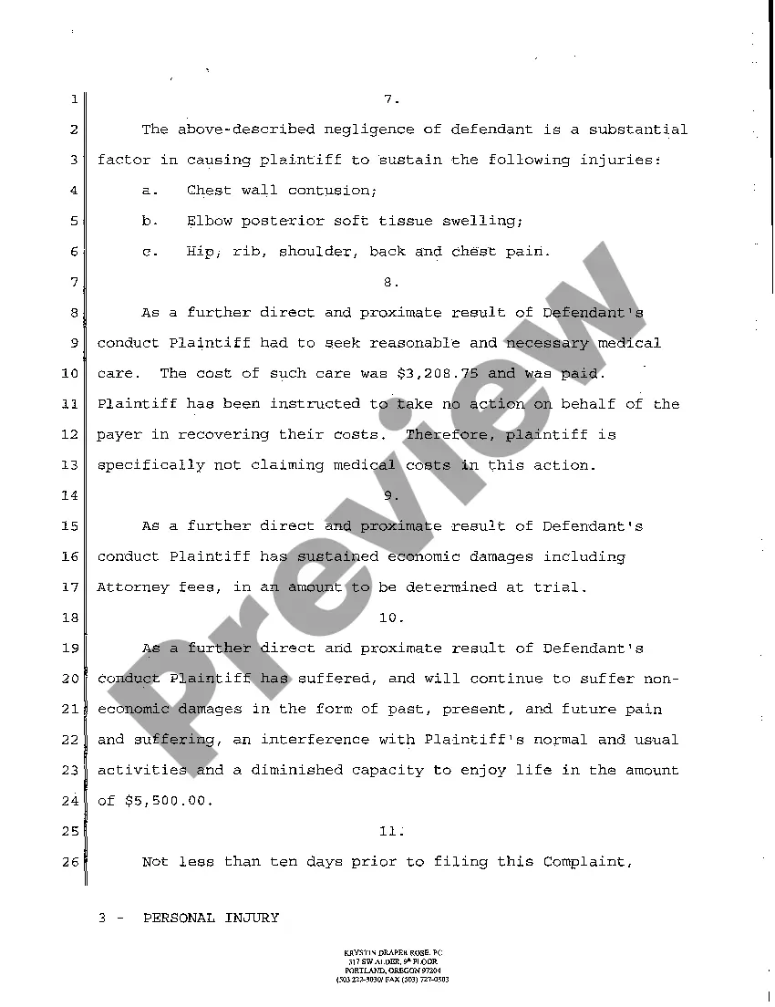 Preview Complaint for Damages for Personal Injury Due to Negligent Operation of a Motor Vehicle