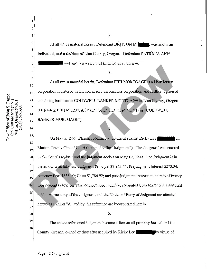 Preview Complaint - Judicial Foreclosure of Judgment Lien