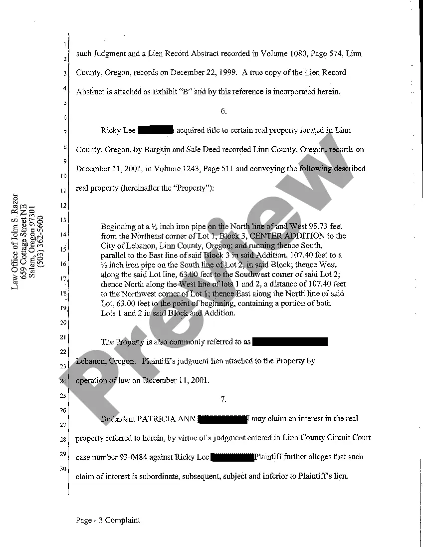 Preview Complaint - Judicial Foreclosure of Judgment Lien