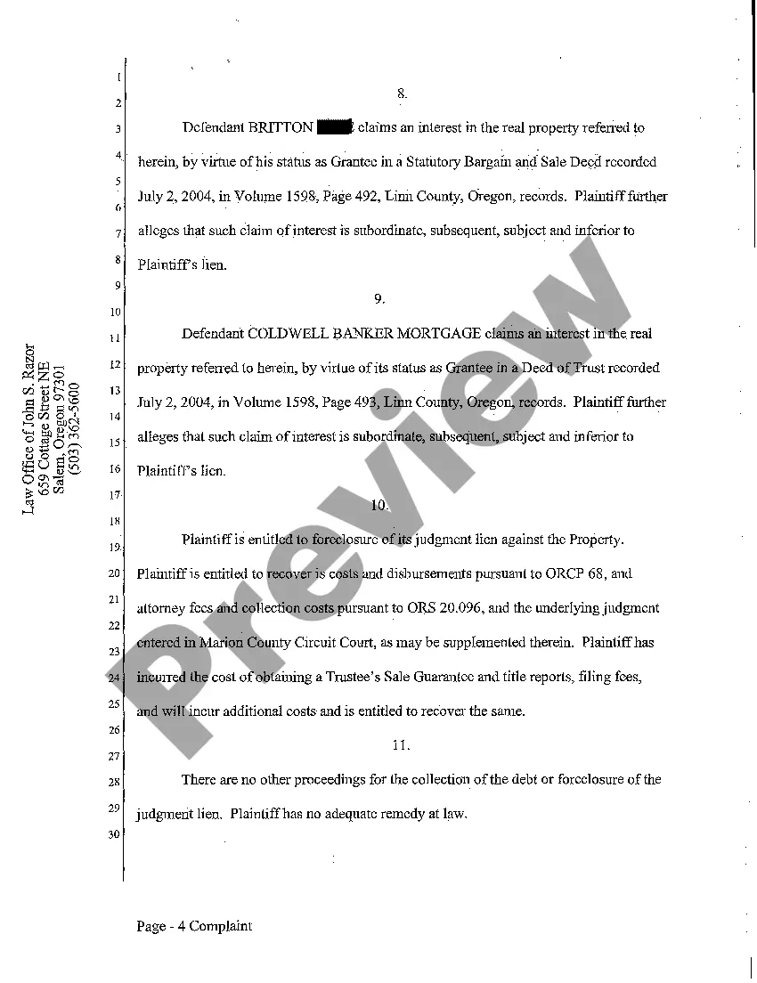 Preview Complaint - Judicial Foreclosure of Judgment Lien